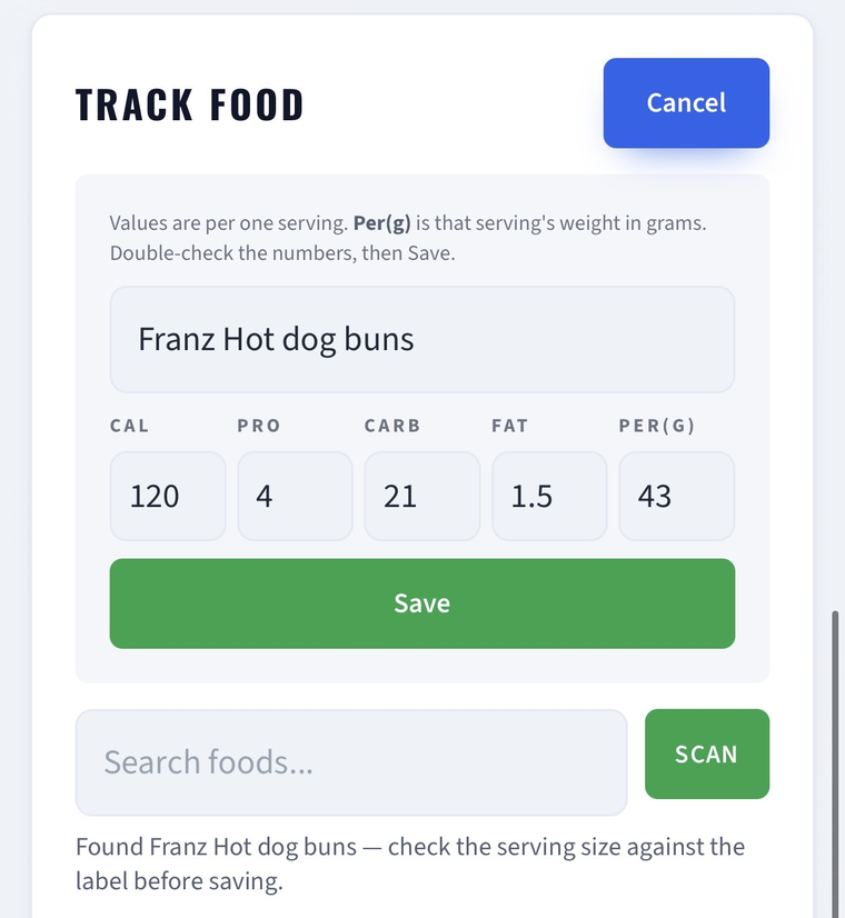 The food form filled in from the scan: product name, calories, protein, carbs, fat and the serving weight in grams