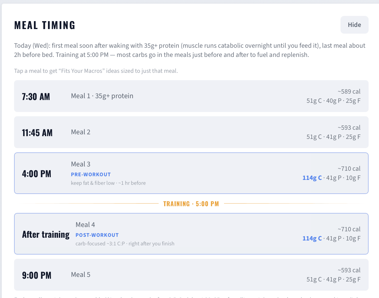 Meal schedule with calorie and macro targets for each meal around a training session