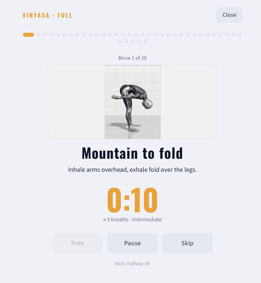 Guided pose screen showing an illustrated pose, its cue, a hold timer and the next move
